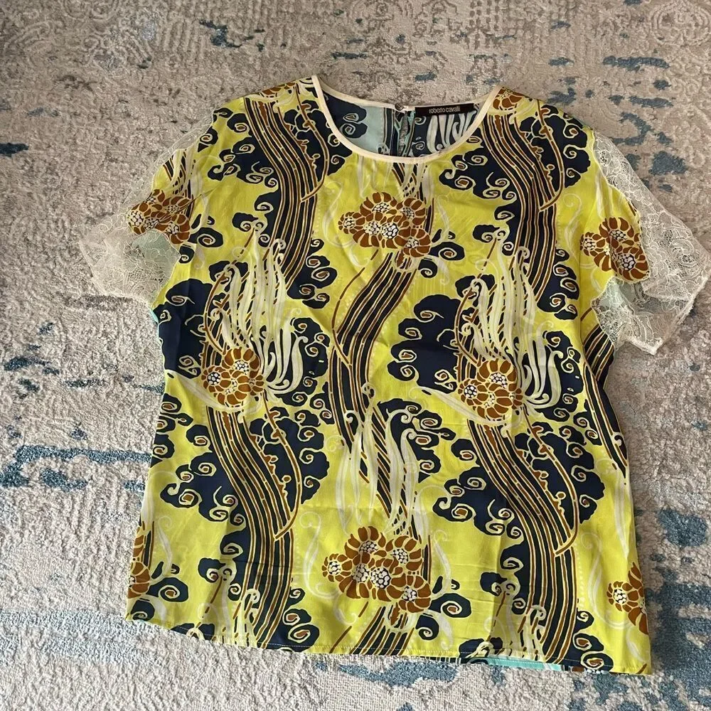 Roberto Cavalli silk Vibrant Yellow and Navy Top